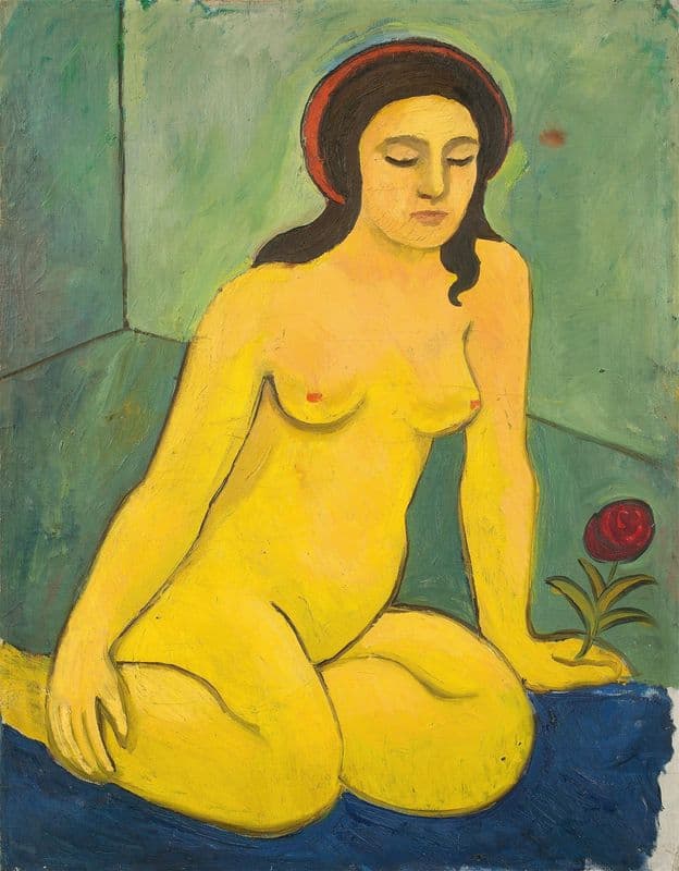 Nacktes Mädchen mit roter Blume as a canvas print