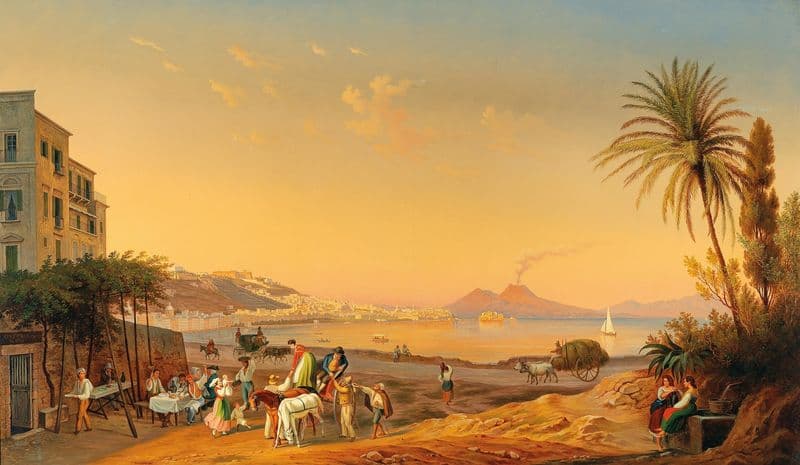 Naples, a lively scene on the promenade at dusk, with Vesuvius in the background as a canvas print