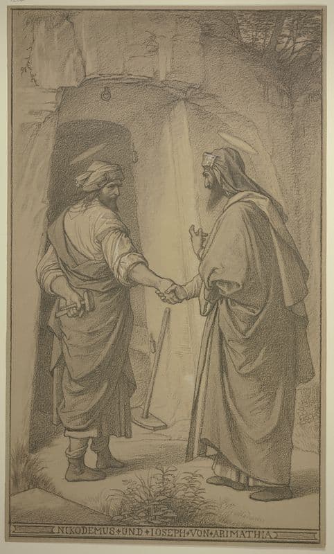 Nikodemus und Joseph von Arimathia vor dem Grab des Herrn, sich die Hand reichend as a canvas print