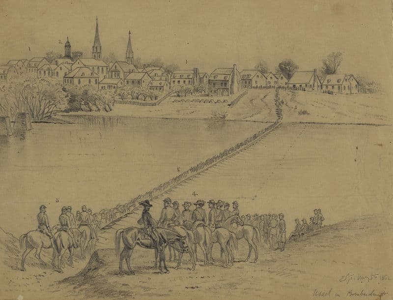 Occupation of Fredericksburg. General McDowell’s corps crossing the Rappahannock River on pontoon bridge… as a canvas print
