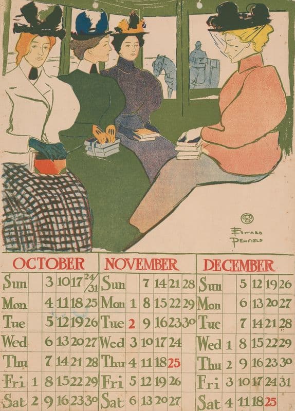 October November December 1897 calendar as a canvas print