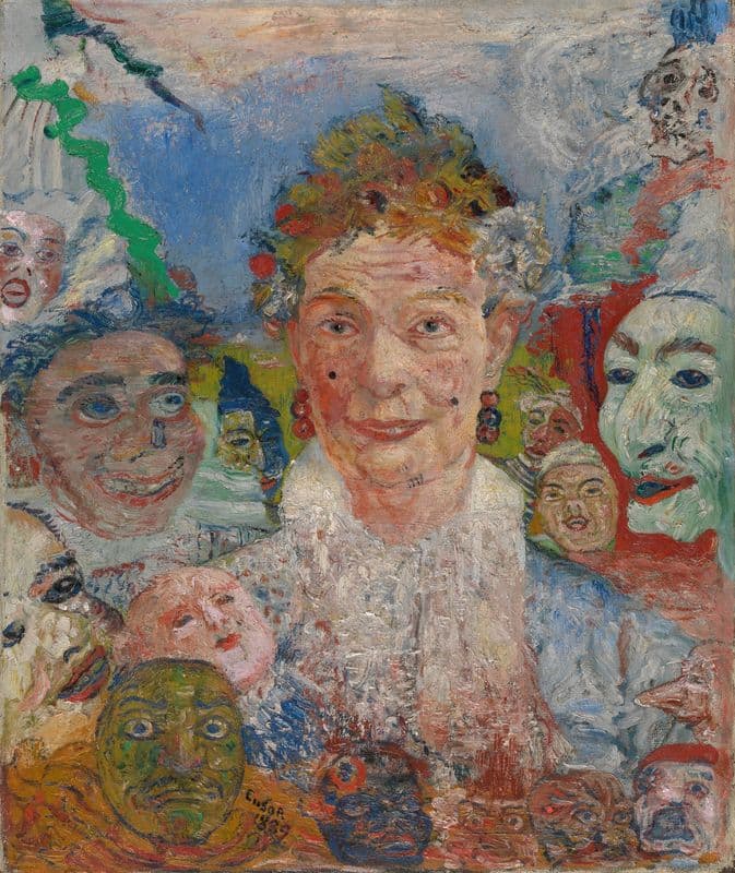 Old Lady with Masks as a canvas print