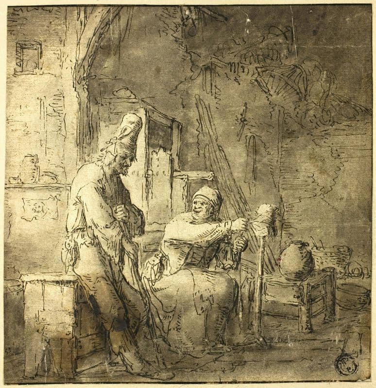 Old Peasant Couple in Cottage as a canvas print