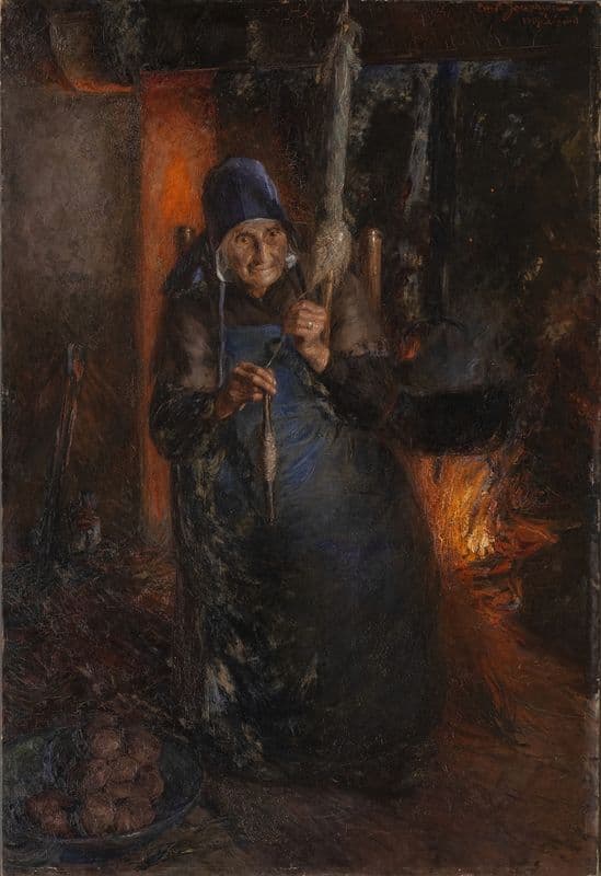 Old Woman Spinning as a canvas print