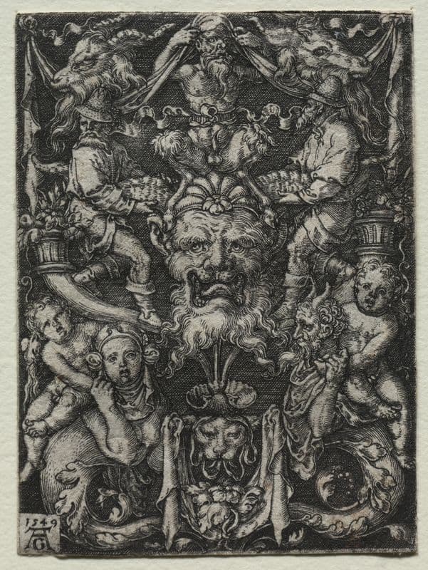 Ornament Design with a Mask, A Couple of Tritons, and Two Children Below as a canvas print