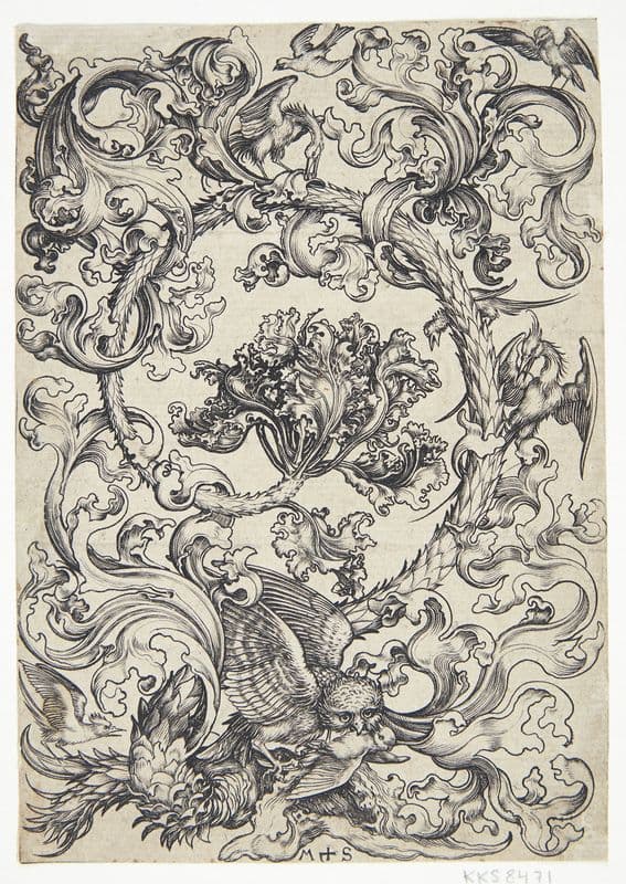 Ornament med fugle, der spotter en ugle as a canvas print