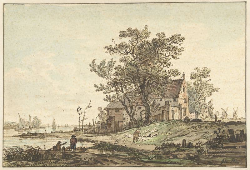 Oude boerderij aan een rivier (1790 - 1810) as a canvas print