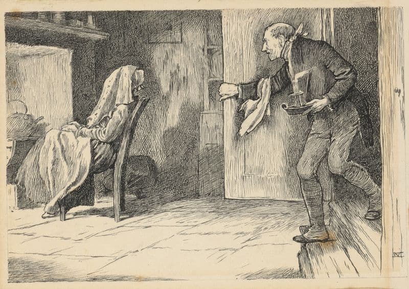 Our Mutual Friend; Lady seated before hearth with kerchief over her face; man coming through door, bearing a candle as a canvas print