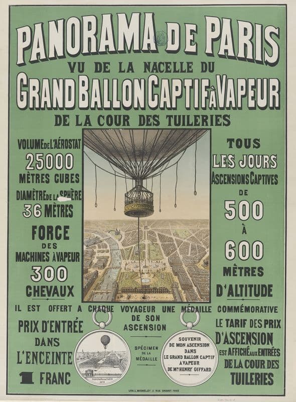 Panorama de Paris. Vu de la nacelle du grand ballon captif à vapeur de la cour des Tuileries as a canvas print