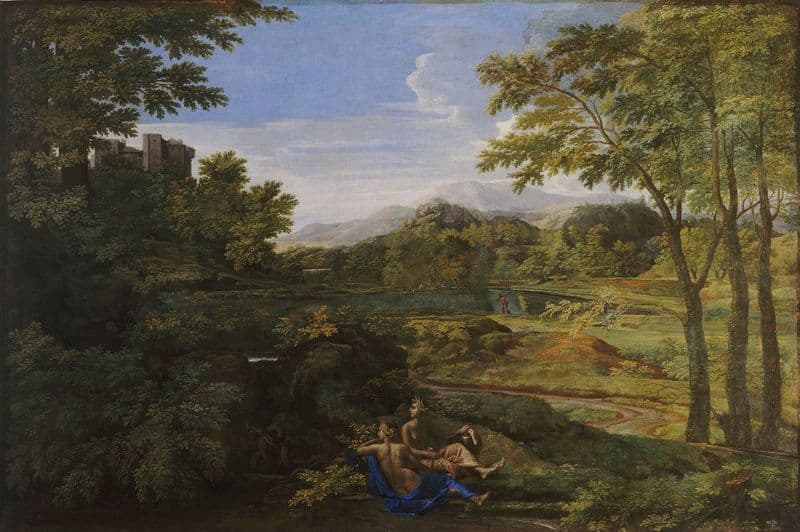 Paysage avec deux nymphes et un serpent (ca 1659) as a canvas print