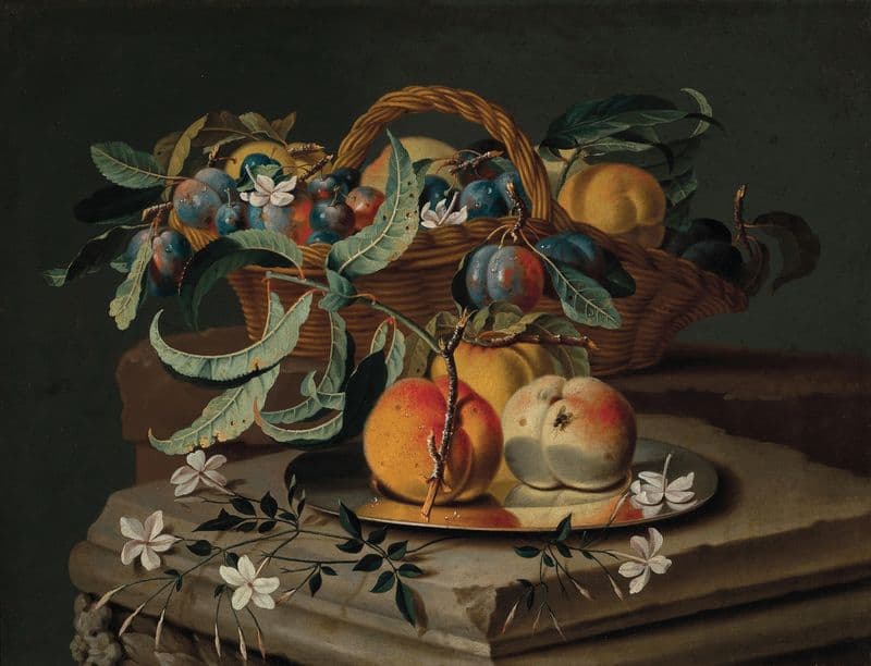 Peaches and plums in a basket and on a pewter plate, with flowers on a stone plinth as a canvas print