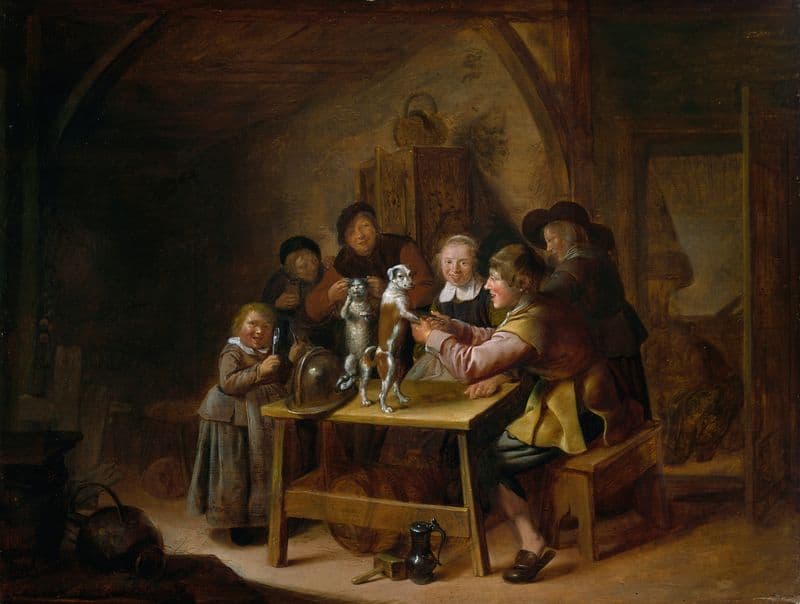 Peasants Teaching a Cat and Dog to Dance (1630s) as a canvas print