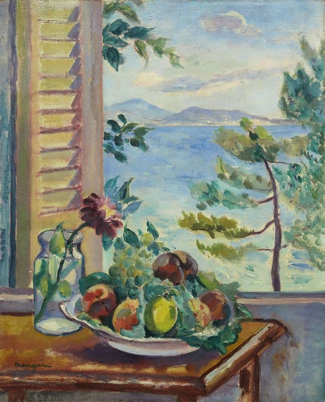 Pêches et raisins à la fenêtre as a canvas print