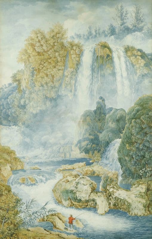 Pêcheur au pied d’une chute d’eau as a canvas print