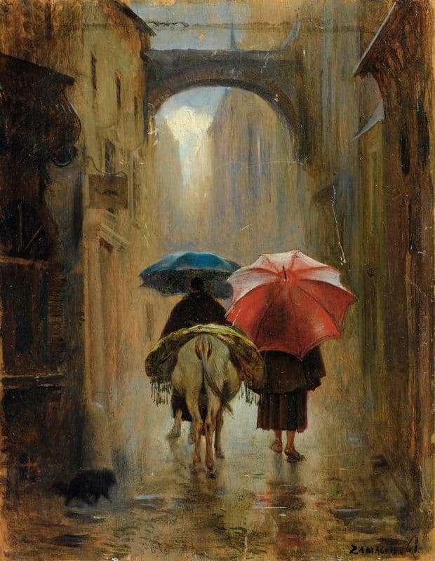 Pélerins de dos sous la pluie as a canvas print