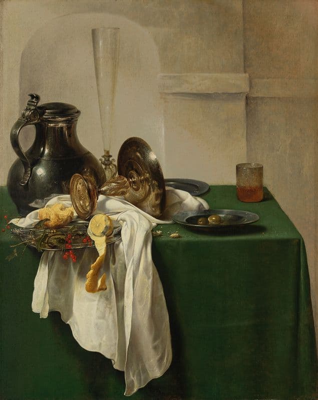 Pewter jug and silver tazza on a table as a canvas print