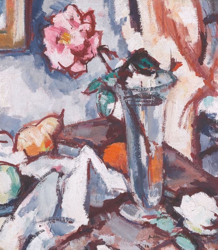 Pink Rose In Glass Vase With Fruit as a canvas print