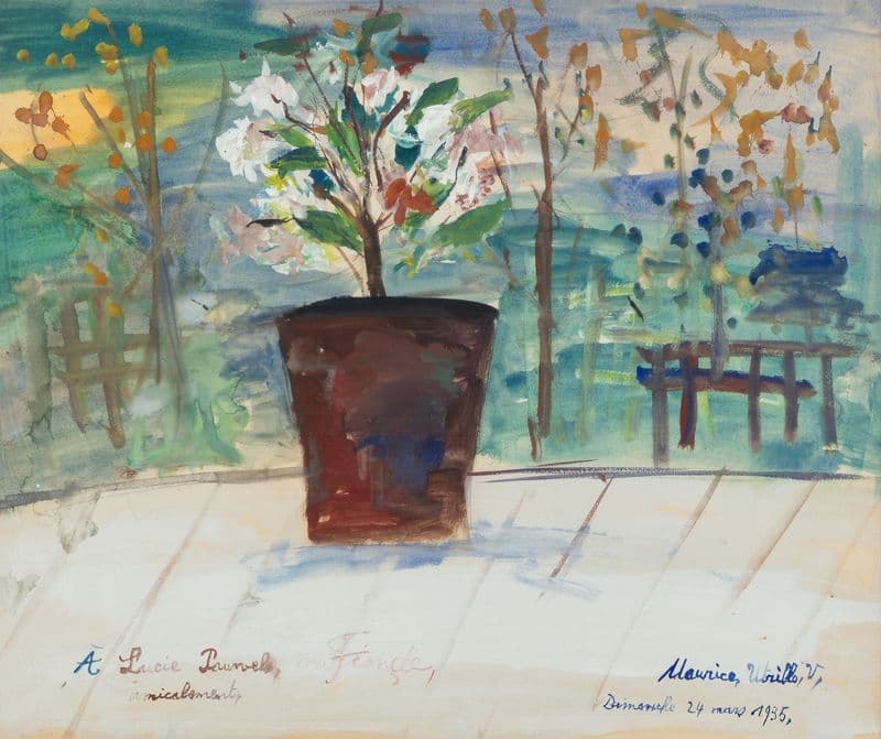 Pot de fleurs sur un fond de paysage as a canvas print
