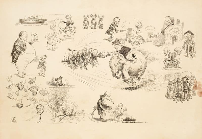 President Theodore Roosevelt rides the Republican Party elephant like a charger, spearing several men with his lance, shaped like a big stick as a canvas print