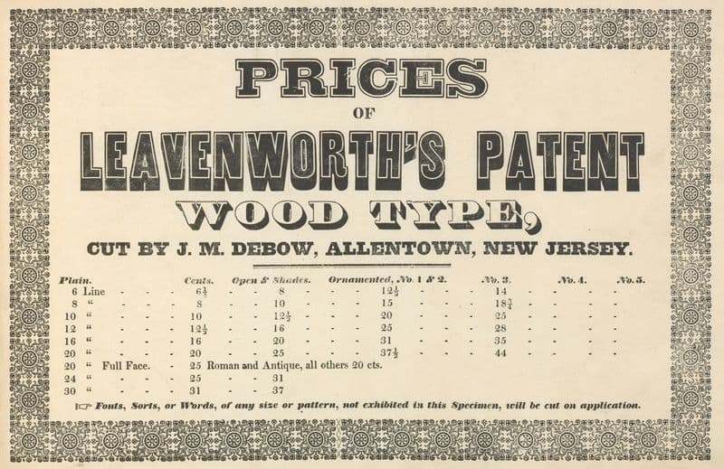 Prices of Leavenworth’s patent wood type (1840 - 1849) as a canvas print