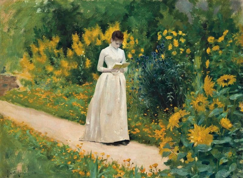 Reading on the garden path as a canvas print