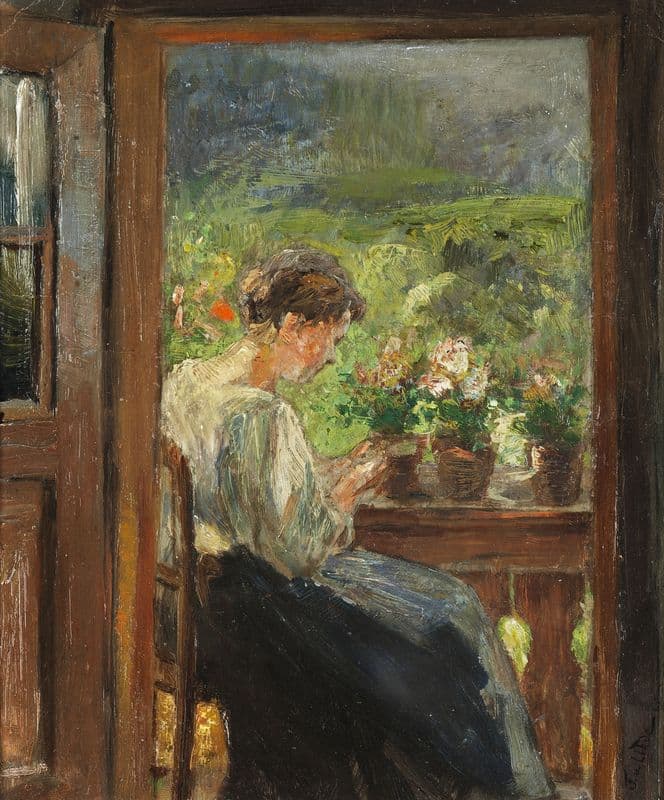 Reading woman on the balcony as a canvas print