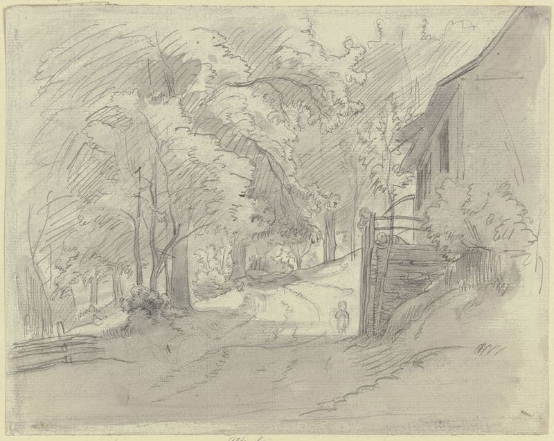 Rechts ein Haus, dabei drei Kinder, am Weg durch den Kastanienwald as a canvas print