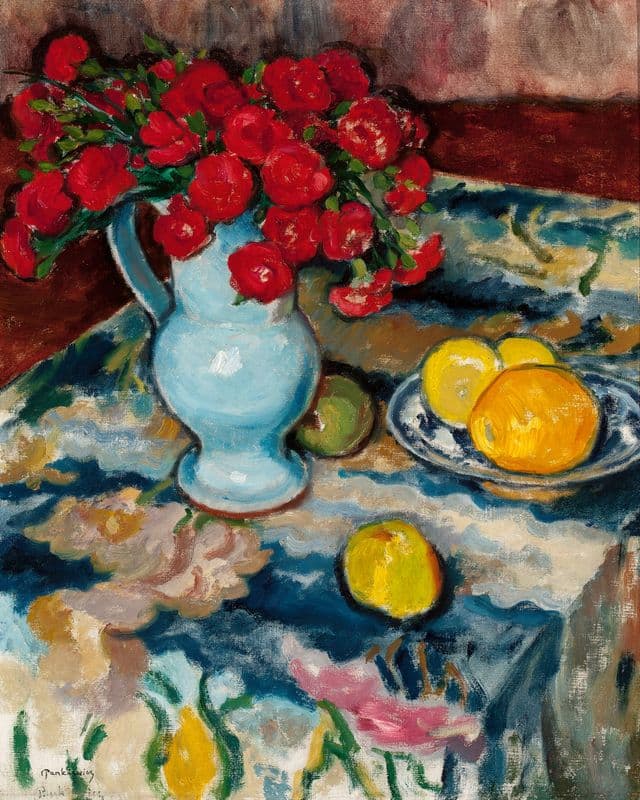 Red carnations (Still life with a blue vase) (circa 1910) as a canvas print