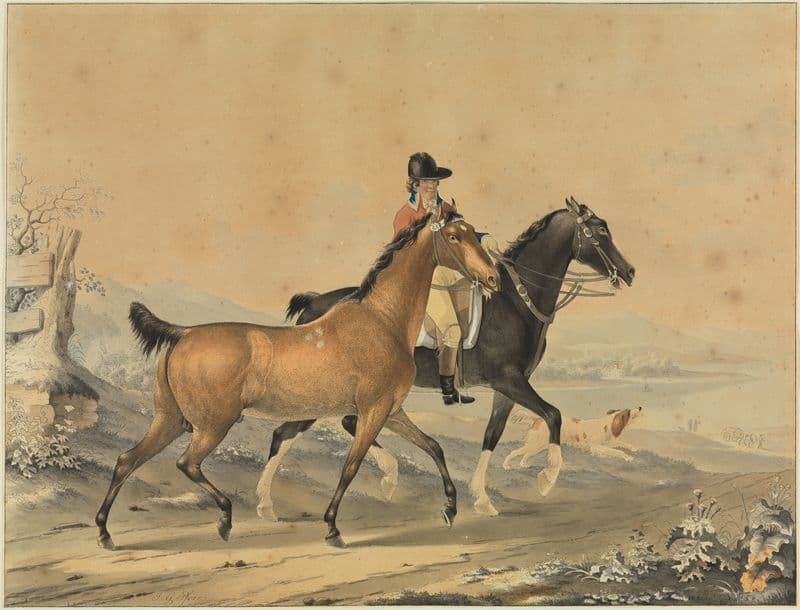 Reiter mit zwei Pferden und Hund as a canvas print