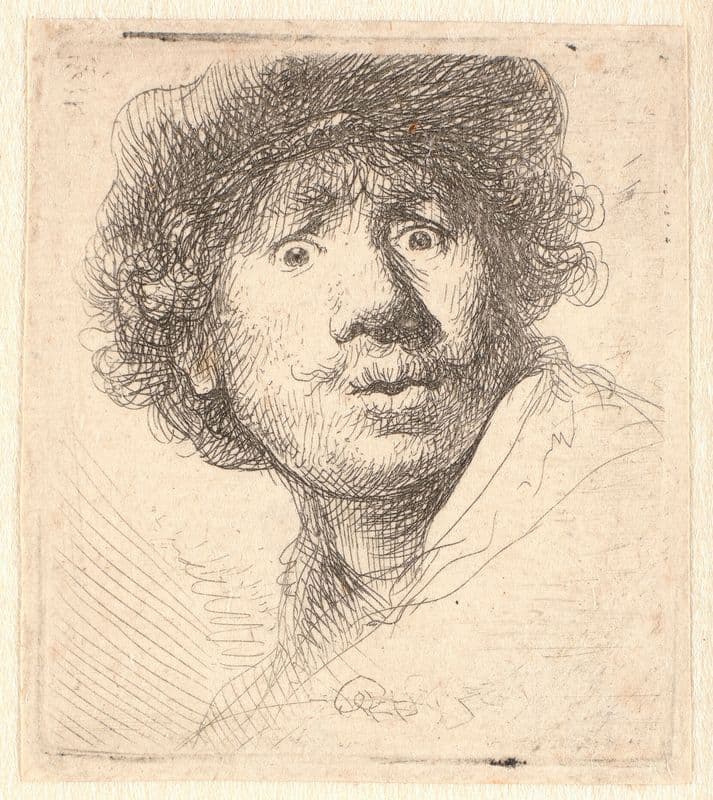 Rembrandt in a cap, open mouthed and staring; bust in outline as a canvas print