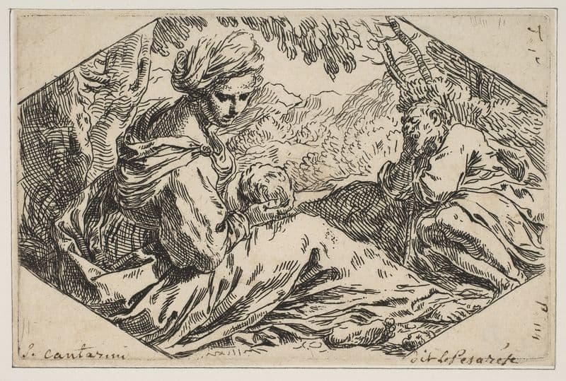 Repose in Egypt, Mary holding and looking at the infant Christ while St. Joseph sleeps (ca. 1637–1639) as a canvas print