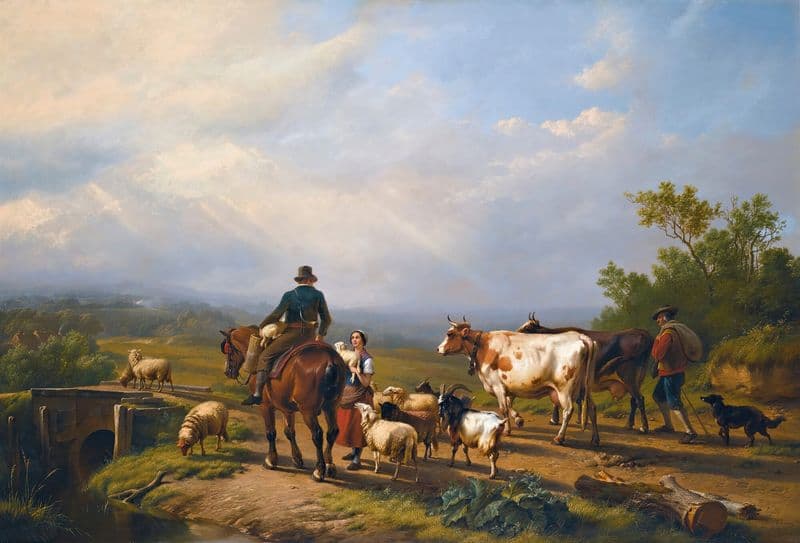 Rider Conversing With A Shepherdess In An Extensive Landscape as a canvas print