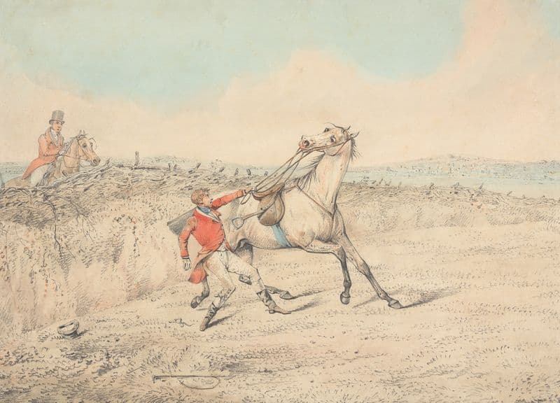 Rider Holding on to a Gray Horse After a Fall as a canvas print