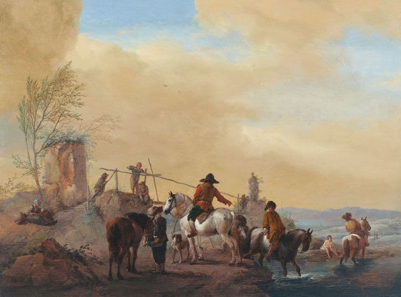 Riders and horses resting by a river as a canvas print