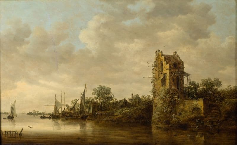 Riverside with an Old Tower as a canvas print