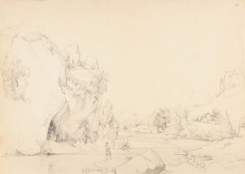 Rivière avec rochers et pêcheurs as a canvas print