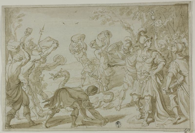 Roman Soldiers Stoning a Serpent as a canvas print