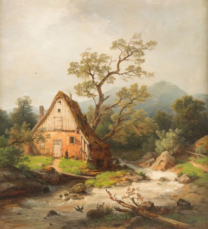Romantic watermill by a stream as a canvas print