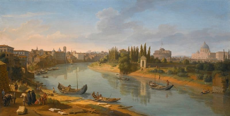 Rome, A View Of The River Tiber At The Porto Della Legna Looking Towards Castel Sant’Angelo, With Saint Peter’S Basilica In The Distance as a canvas print