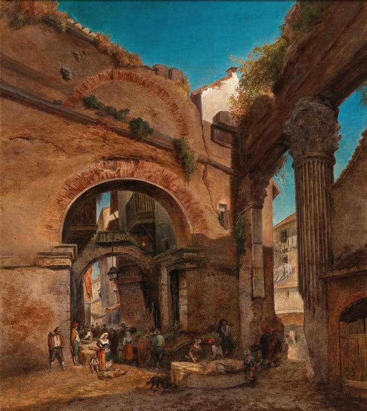 Rome, view at the Portico di Ottavia with the old fisher’s market as a canvas print