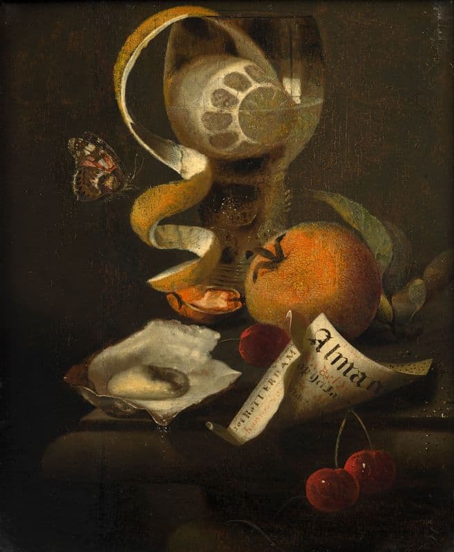 Römer, lemon and almanac on an entablature as a canvas print