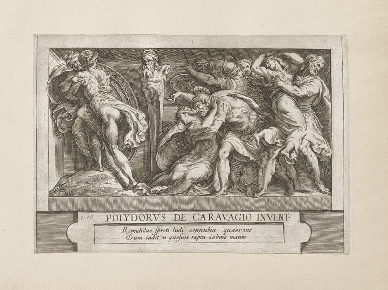 Romulidae spreti ludi connaubia quaerunt dum cadit in quasuis rapta Sabina manus (16th-17th century) as a canvas print