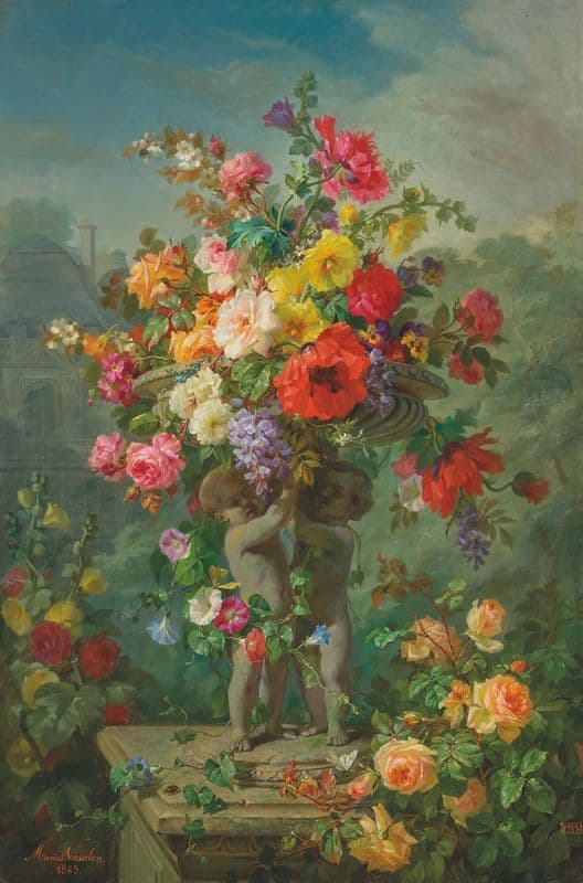 Roses, Poppies, Hollyhocks, Pansies and Wisteria in a stone urn supported by putti on a plinth as a canvas print