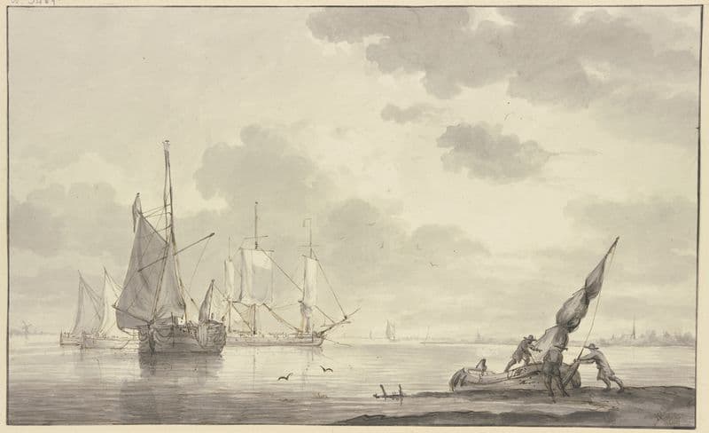 Ruhige See, links liegen mehrere große Schiffe, rechts machen drei Männer ein Boot flott as a canvas print