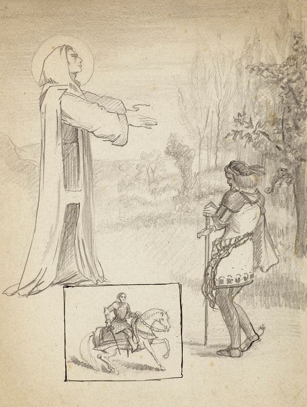 Saint religieux apparaissant à un chevalier et croisé à cheval dans une vignette as a canvas print