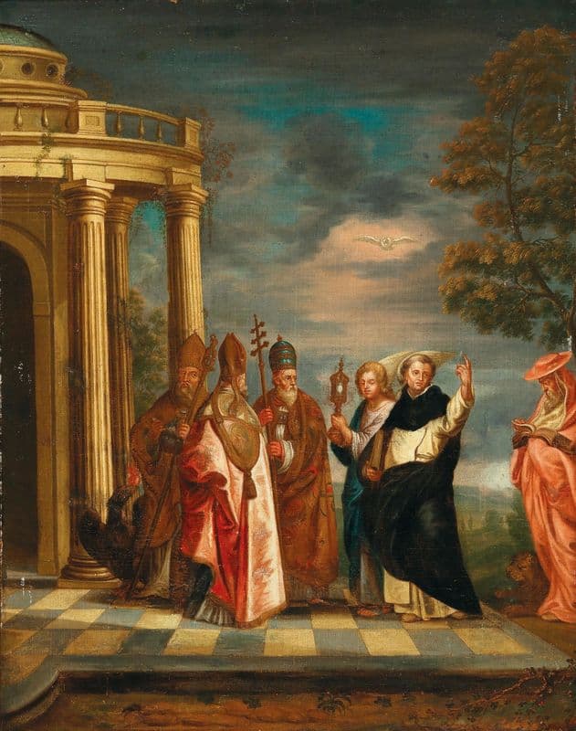 Saint Thomas Aquinas With Saints Ambrose, Augustine, Pope Gregory The Great And Jerome Contemplating The Blessed Sacrament as a canvas print