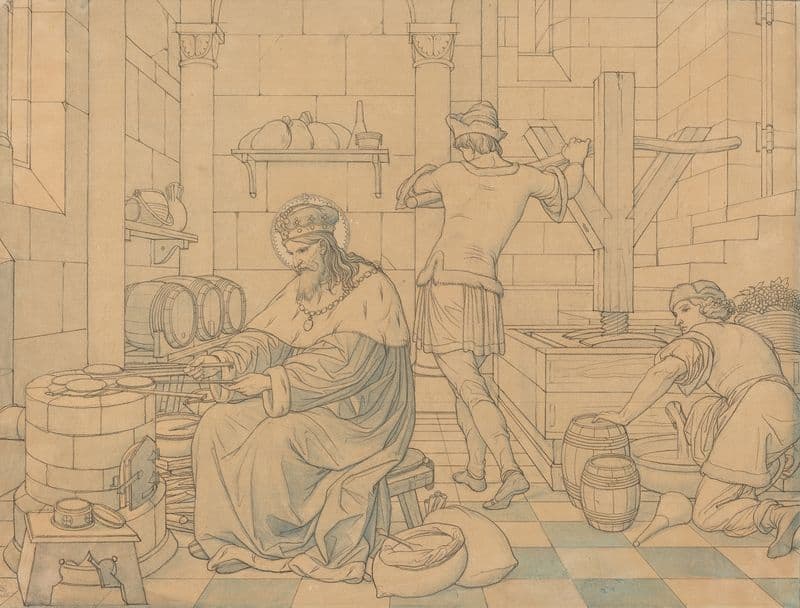 Saint Wenzel Cooking Hosts as Two Youths Press Wine as a canvas print