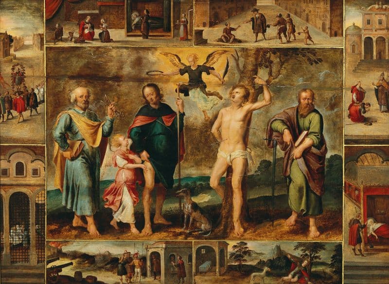 Saints Roch, Sebastian, Peter and Paul, surrounded by eight scenes from the life of Saint Roch as a canvas print