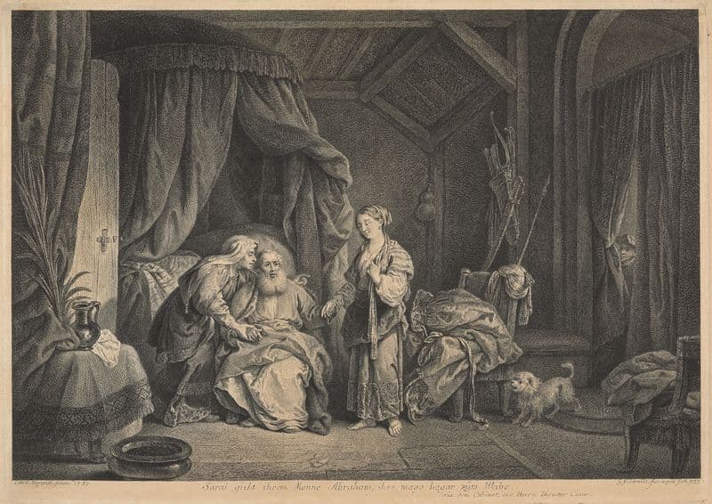 Sarah gives her maid Hagar to her husband Abraham as his wife as a canvas print