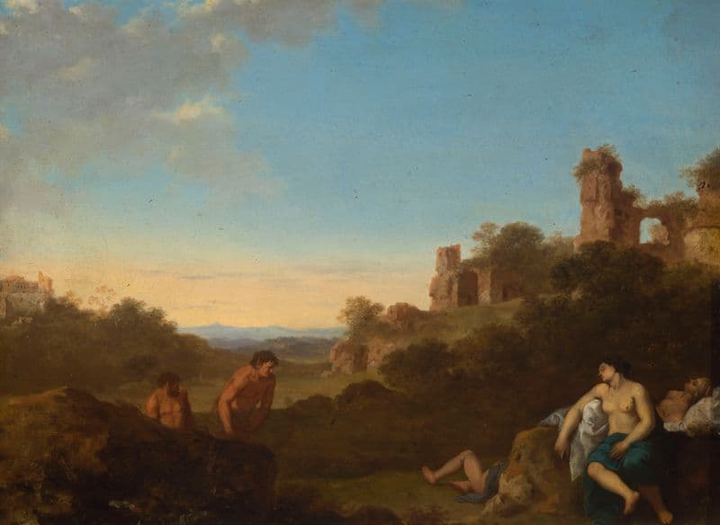 Satyrs and sleeping nymphs against Italian landscape (1620-1630) as a canvas print